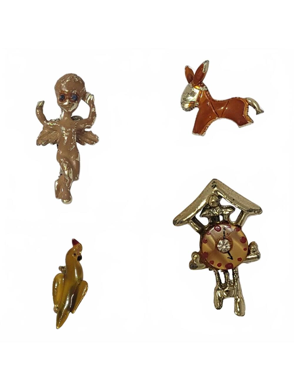 Vintage Brooch Pin Lot Angel Clock Donkey Parrot